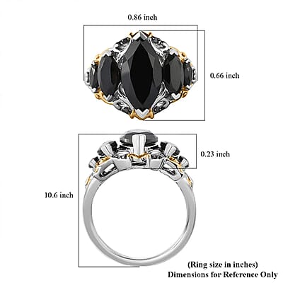 Thai Black Spinel Ring , Black Spinel 5 Stone Ring ,Black Diamond Accent Ring , Vermeil YG and Platinum Over Sterling Silver Ring , Black Ring 5.00 ctw