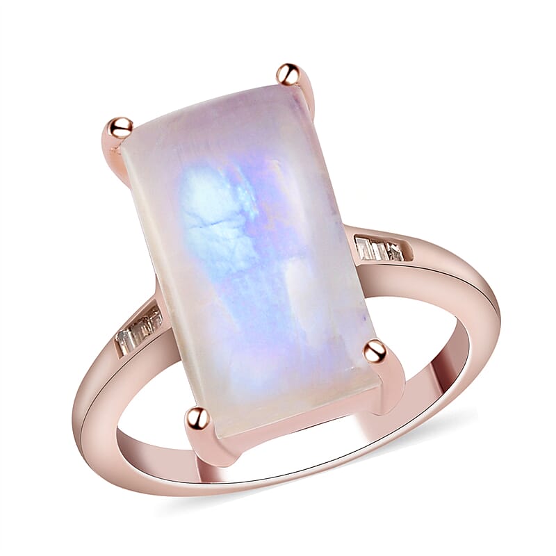 Moon Glow Moonstone and Natural Champagne Diamond Ring in Vermeil Rose Gold Sterling Silver (Size 10.0) 5.85 ctw