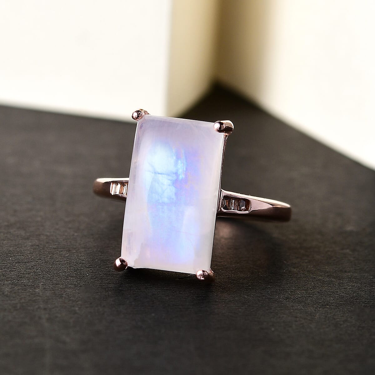 Moon Glow Moonstone and Natural Champagne Diamond Ring in Vermeil Rose Gold Sterling Silver (Size 10.0) 5.85 ctw image number 1