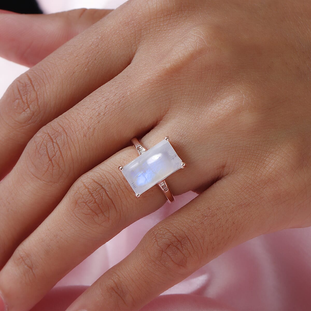 Moon Glow Moonstone and Natural Champagne Diamond Ring in Vermeil Rose Gold Sterling Silver (Size 10.0) 5.85 ctw image number 2