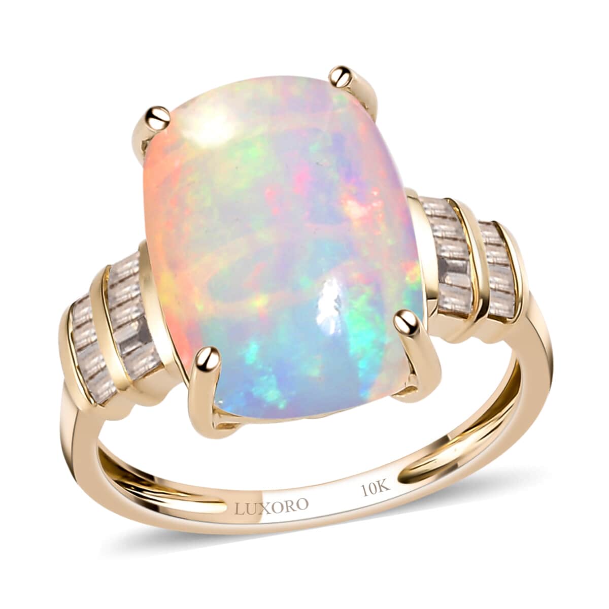 LUXORO 10K Yellow Gold Premium Ethiopian Welo Opal and Natural Champagne Diamond Ring (Size 10.0) 2.50 Grams 4.75 ctw image number 0
