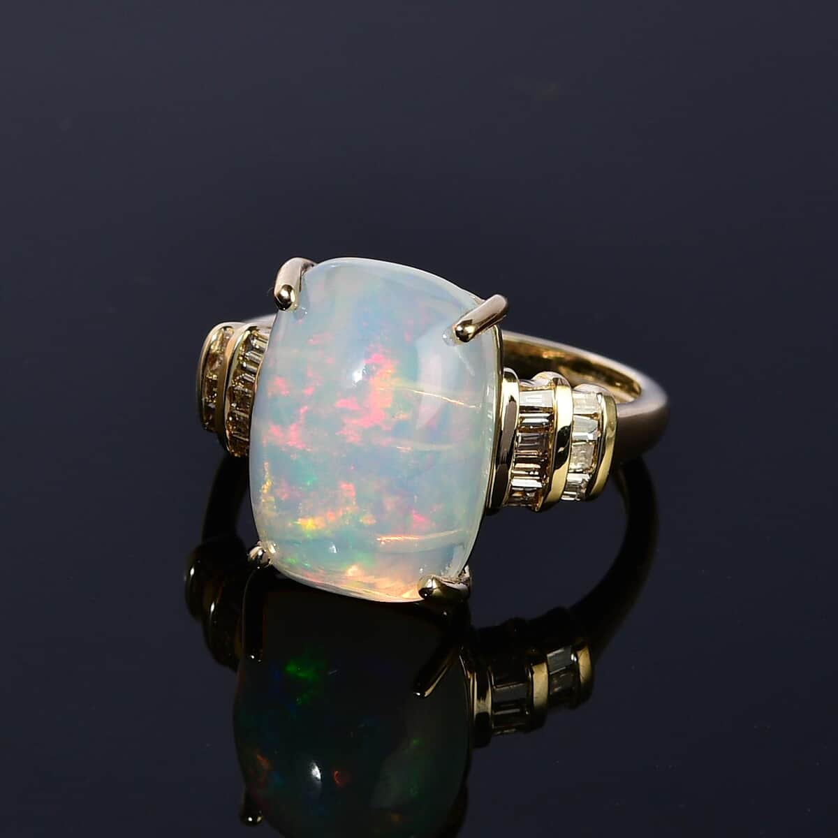 Luxoro 10K Yellow Gold Premium Ethiopian Welo Opal and Natural Champagne Diamond Ring (Size 10.0) 2.50 Grams 4.75 ctw image number 1