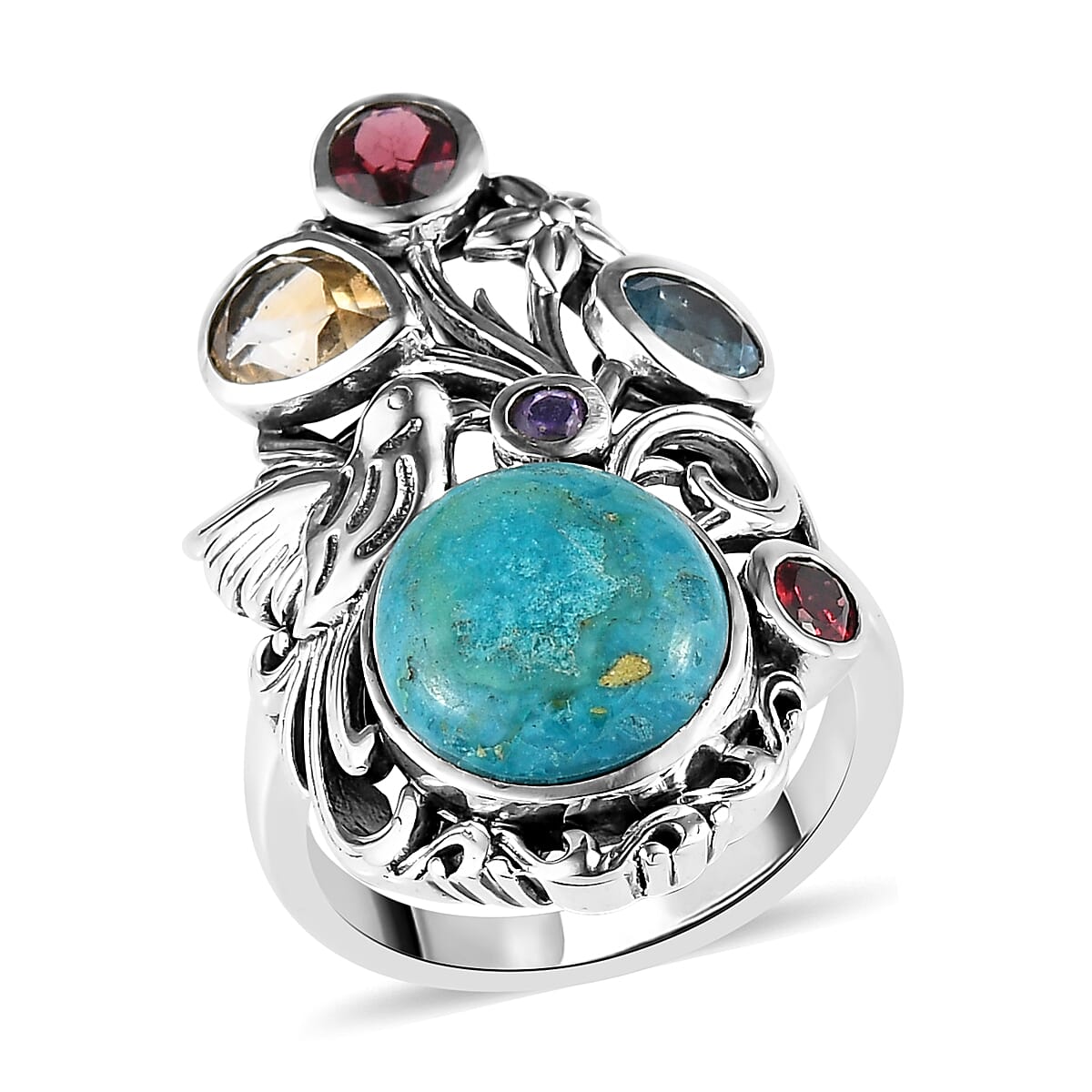 Artisan Crafted Peruvian Opalina and Multi Gemstone Bird & Floral Ring in Sterling Silver (Size 10.0) 7.50 Grams 5.75 ctw