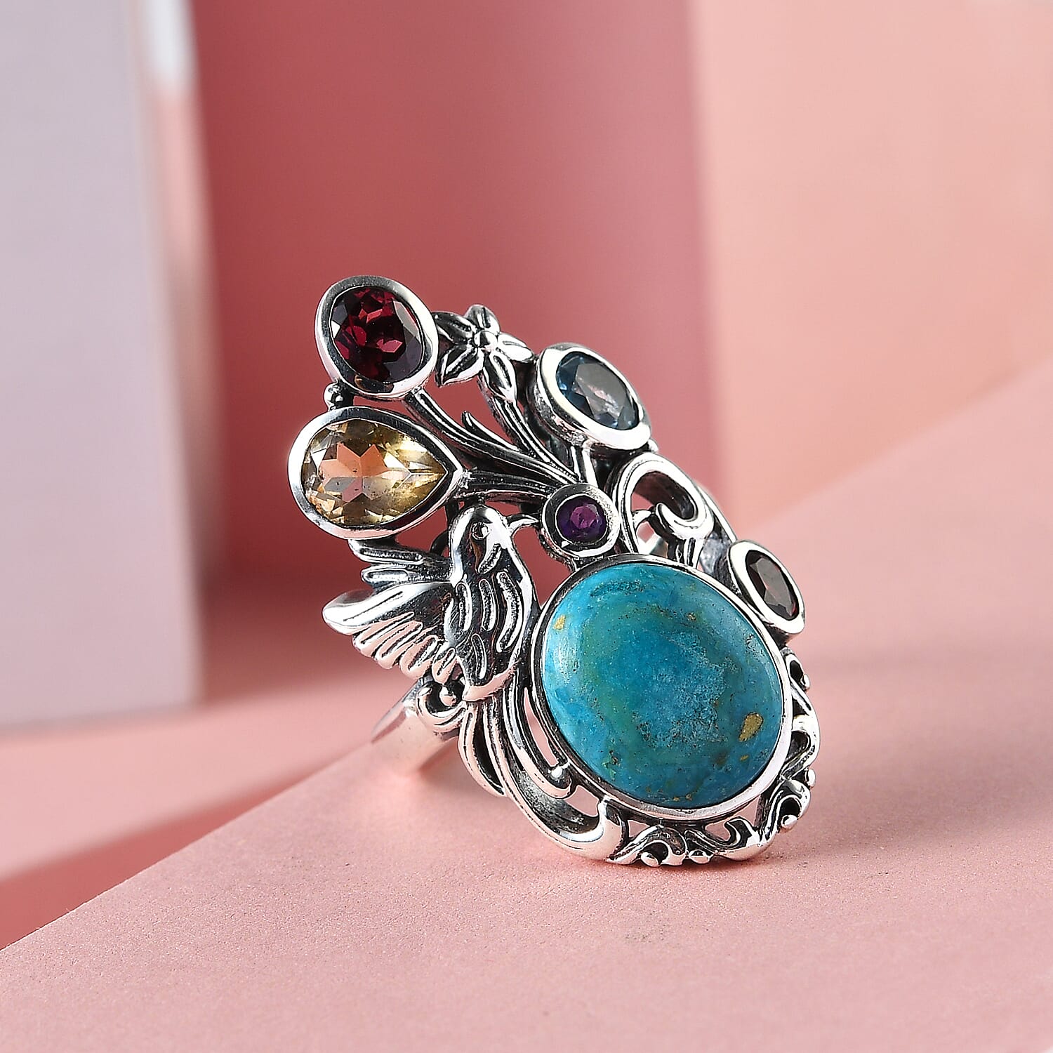 Artisan Crafted Peruvian Opalina and Multi Gemstone Bird & Floral Ring in Sterling Silver (Size 10.0) 7.50 Grams 5.75 ctw