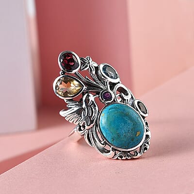 Artisan Crafted Peruvian Opalina and Multi Gemstone Bird & Floral Ring in Sterling Silver (Size 10.0) 7.50 Grams 5.75 ctw