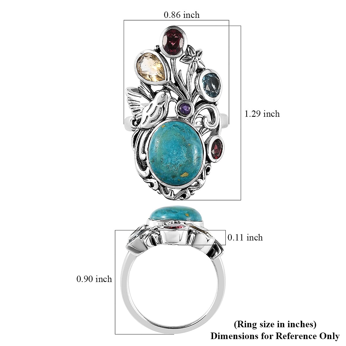 Artisan Crafted Peruvian Opalina and Multi Gemstone Bird & Floral Ring in Sterling Silver (Size 6.0) 7.50 Grams 5.75 ctw image number 5