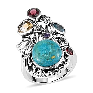 Artisan Crafted Opalina and Multi Gemstone 5.75 ctw Bird & Floral Ring in Sterling Silver (Size 8.0) 7.50 Grams 