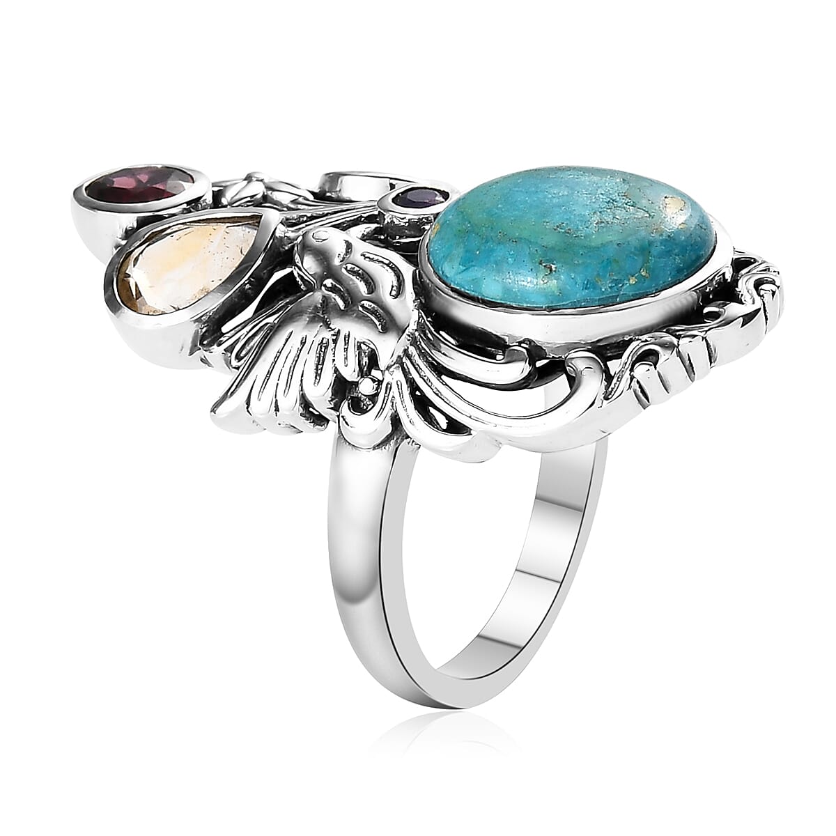Artisan Crafted Opalina and Multi Gemstone 5.75 ctw Bird & Floral Ring in Sterling Silver (Size 8.0) 7.50 Grams  image number 3