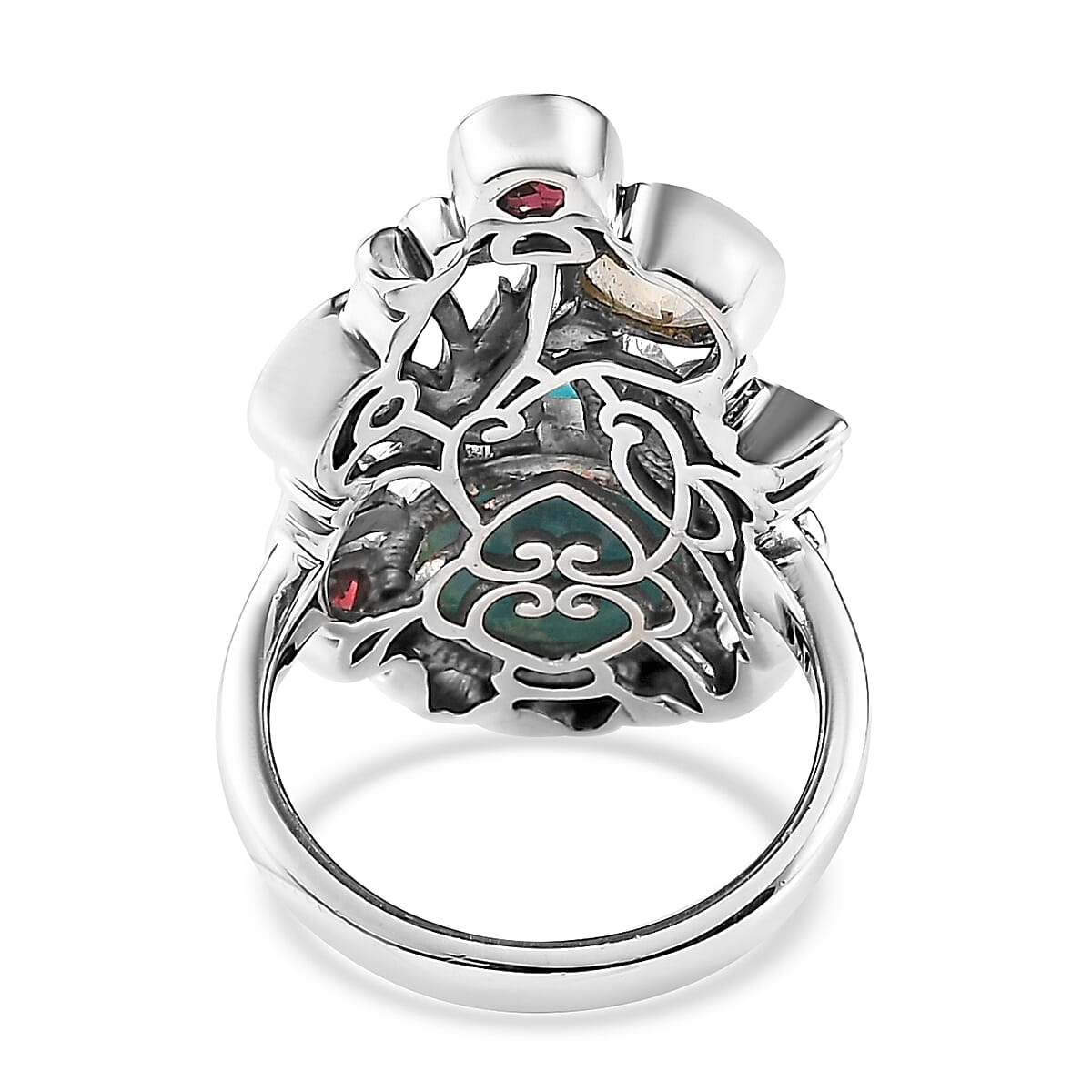 Artisan Crafted Opalina and Multi Gemstone 5.75 ctw Bird & Floral Ring in Sterling Silver (Size 8.0) 7.50 Grams  image number 4