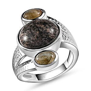 Yooperlite and Labradorite 6.22 ctw Fancy Ring in Sterling Silver (Size 5.5)