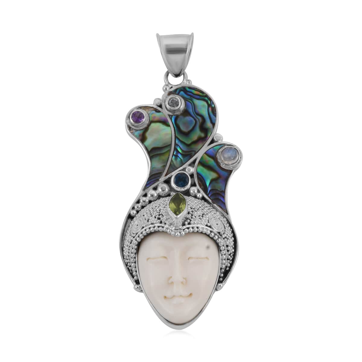 Sajen Silver Carved Bone and Multi Gemstone Pendant in Sterling Silver 1.10 ctw image number 0