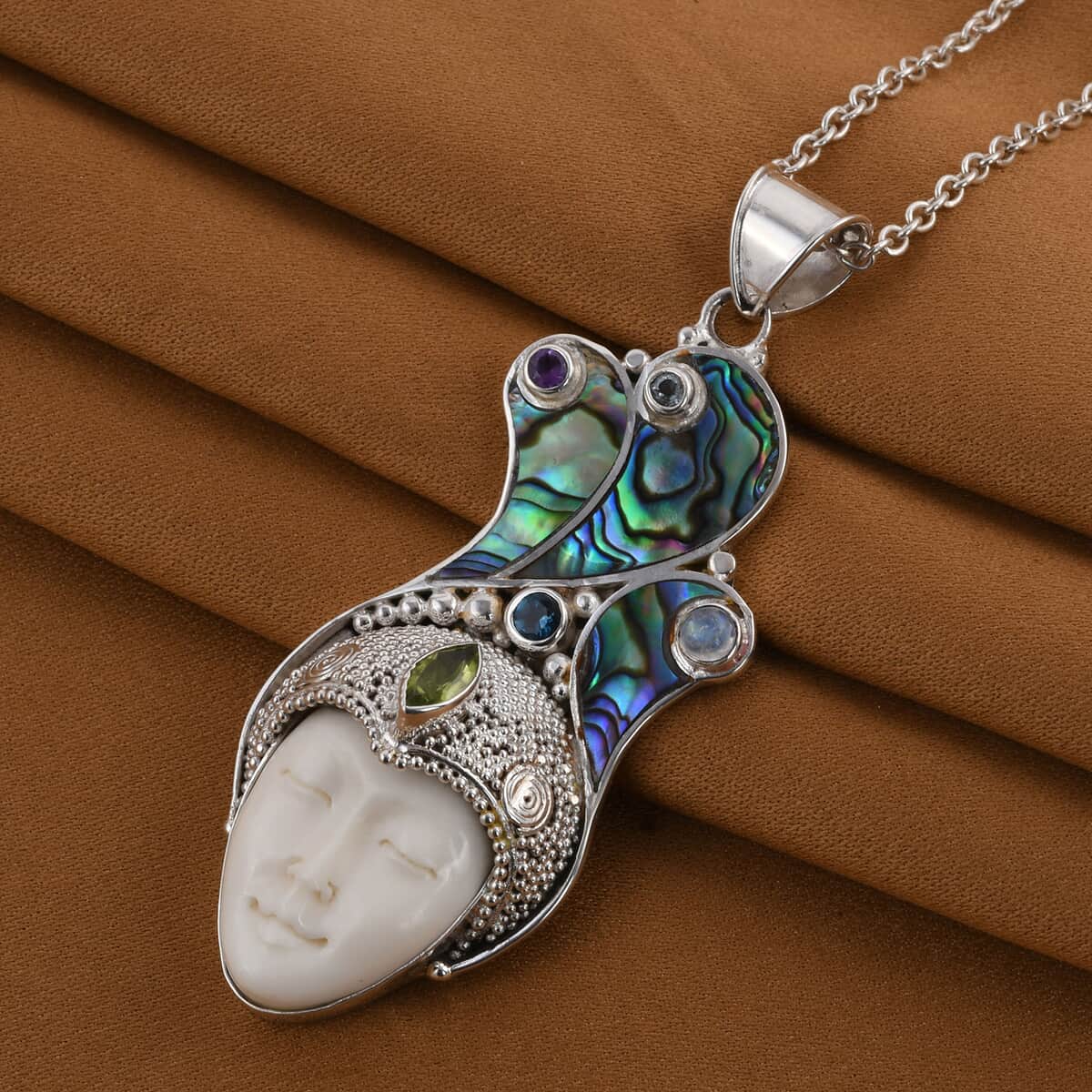 Sajen Silver Carved Bone and Multi Gemstone Pendant in Sterling Silver 1.10 ctw image number 1