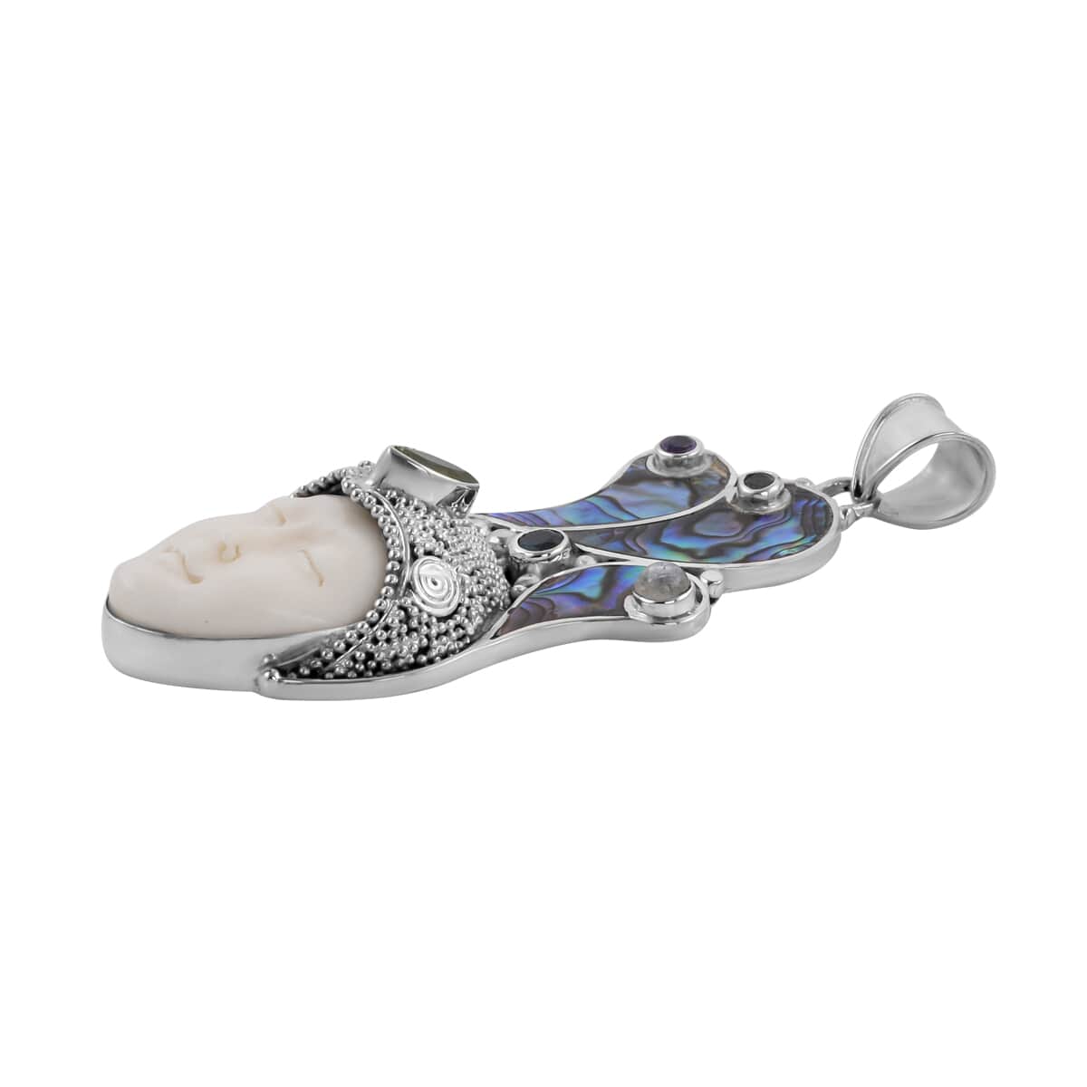 Sajen Silver Carved Bone and Multi Gemstone Pendant in Sterling Silver 1.10 ctw image number 2