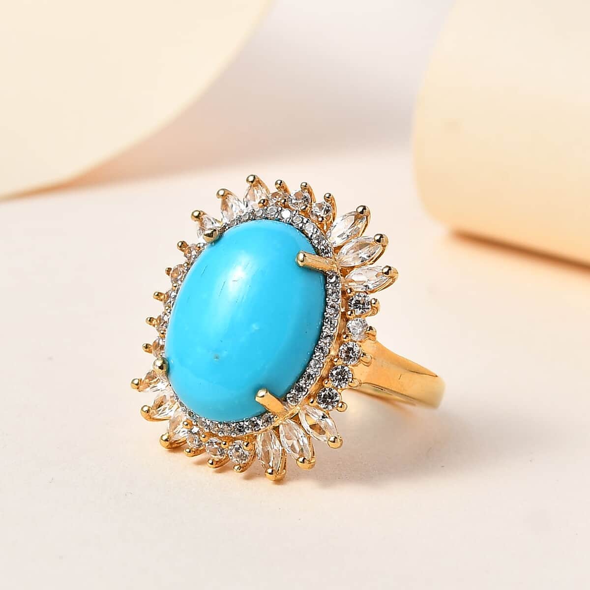Premium AMERICAN Natural Sleeping Beauty Turquoise and White Zircon Halo Ring in Vermeil Yellow Gold Over Sterling Silver (Size 10.0) 9.40 ctw image number 1