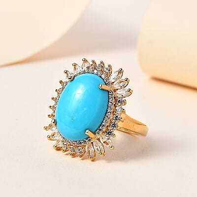 Premium Sleeping Beauty Turquoise and White Zircon Ring in Vermeil Yellow Gold Over Sterling Silver (Size 10.0) 9.60 ctw