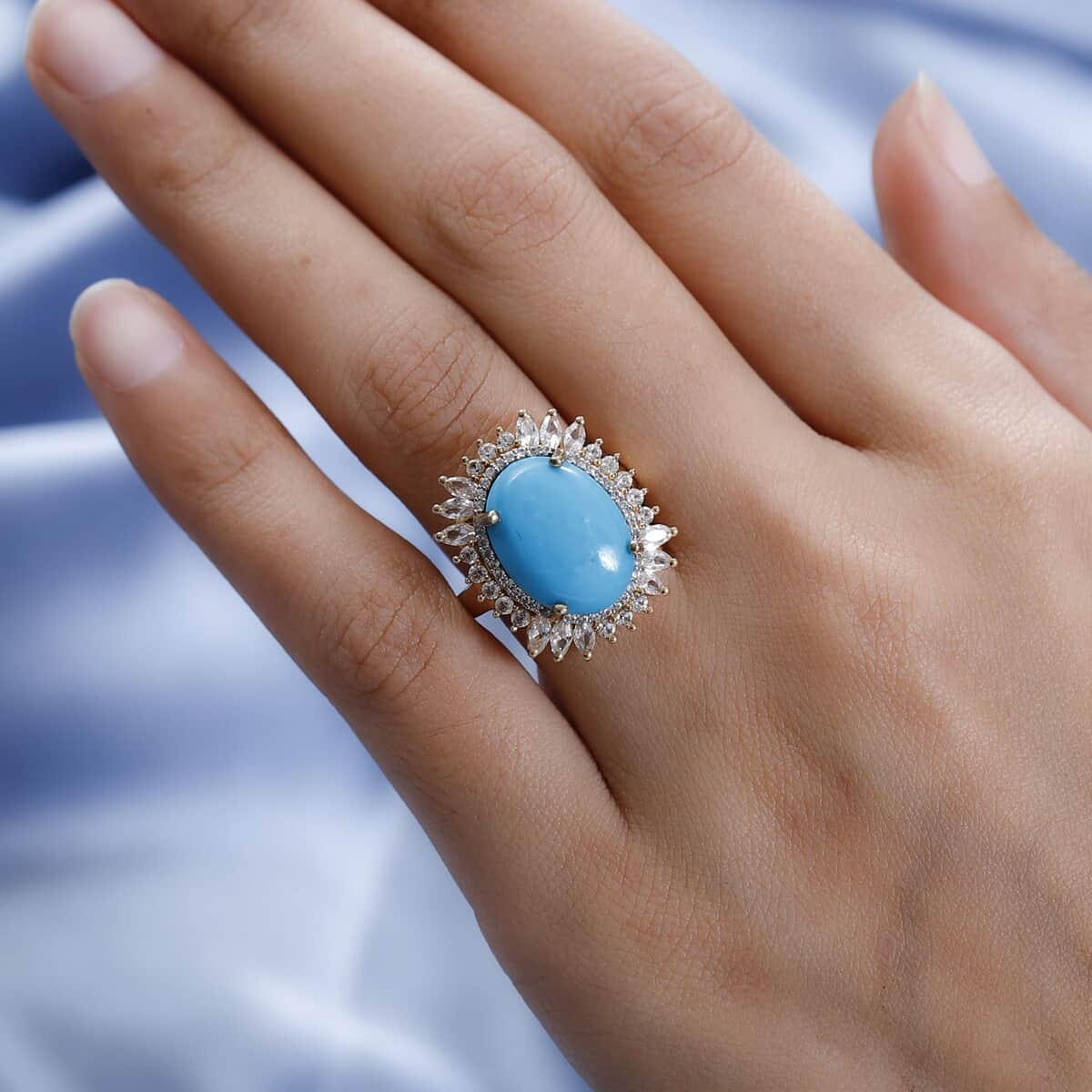 Premium AMERICAN Natural Sleeping Beauty Turquoise and White Zircon Halo Ring in Vermeil Yellow Gold Over Sterling Silver (Size 10.0) 9.40 ctw image number 2