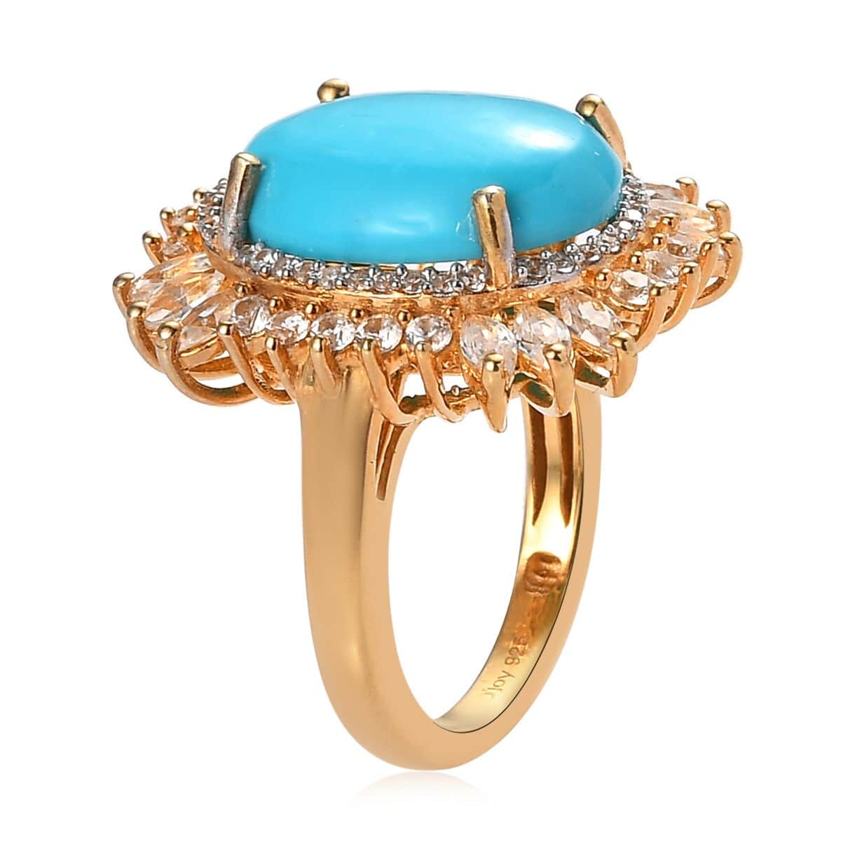 Premium AMERICAN Natural Sleeping Beauty Turquoise and White Zircon Halo Ring in Vermeil Yellow Gold Over Sterling Silver (Size 10.0) 9.40 ctw image number 3