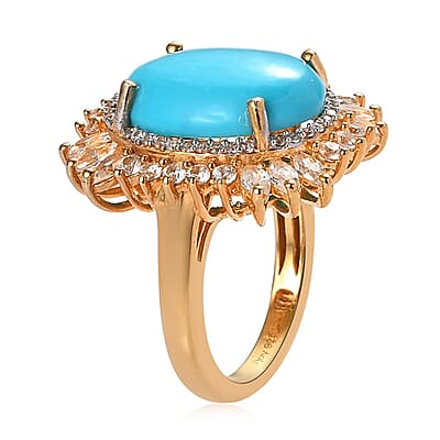 Premium Sleeping Beauty Turquoise and White Zircon Ring in Vermeil Yellow Gold Over Sterling Silver (Size 10.0) 9.60 ctw