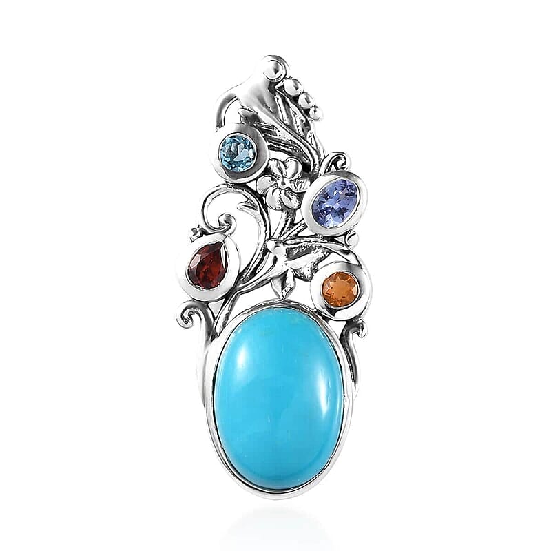 Artisan Crafted Premium Sleeping Beauty Turquoise and Multi Gemstone Fancy Pendant in Sterling Silver 5.35 ctw