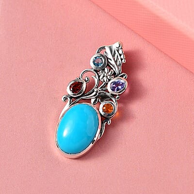 Artisan Crafted Premium Sleeping Beauty Turquoise and Multi Gemstone Fancy Pendant in Sterling Silver 5.35 ctw