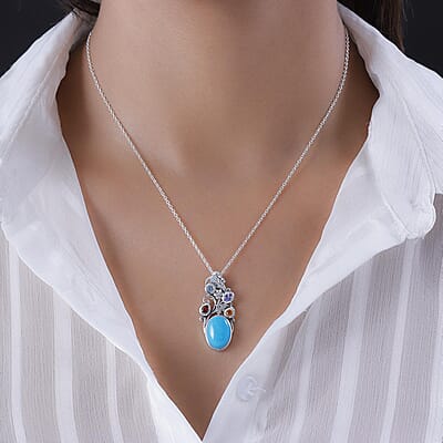 Artisan Crafted Premium Sleeping Beauty Turquoise and Multi Gemstone Fancy Pendant in Sterling Silver 5.35 ctw