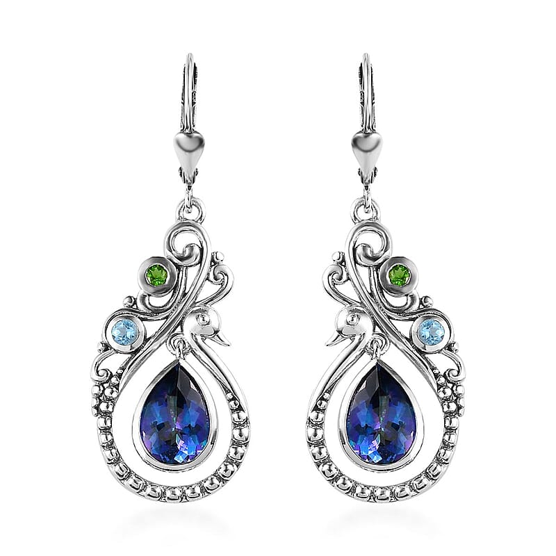Brazilian Periwinkle Bloom Petalite and Multi Gemstone Drop Dangle Earrings in Sterling Silver 3.15 ctw