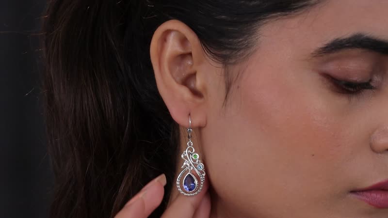 Brazilian Periwinkle Bloom Petalite and Multi Gemstone Drop Dangle Earrings in Sterling Silver 3.15 ctw