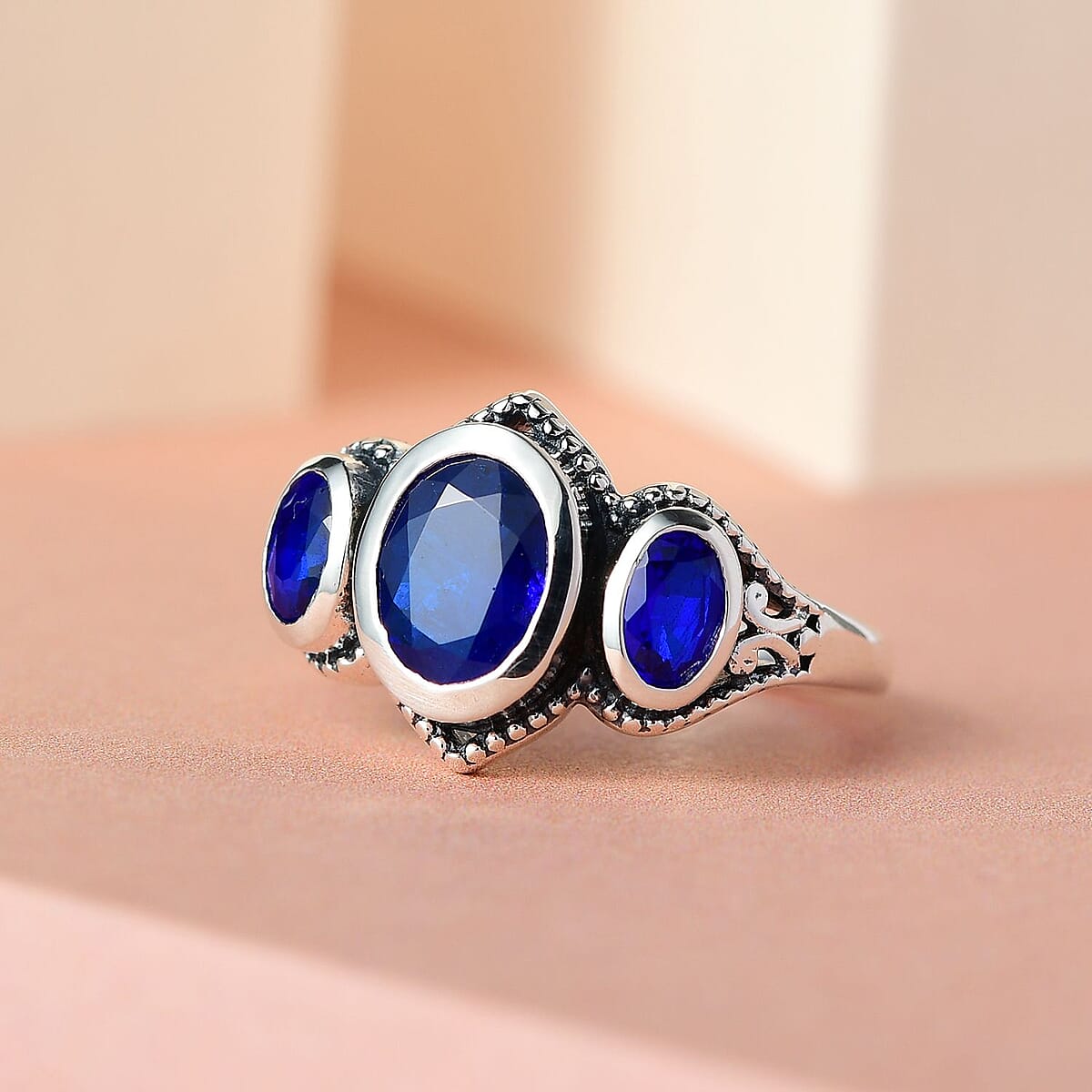 Artisan Crafted Tanzanian Blue Spinel 3 Stone Ring in Sterling Silver (Size 8.0) 2.15 ctw image number 1