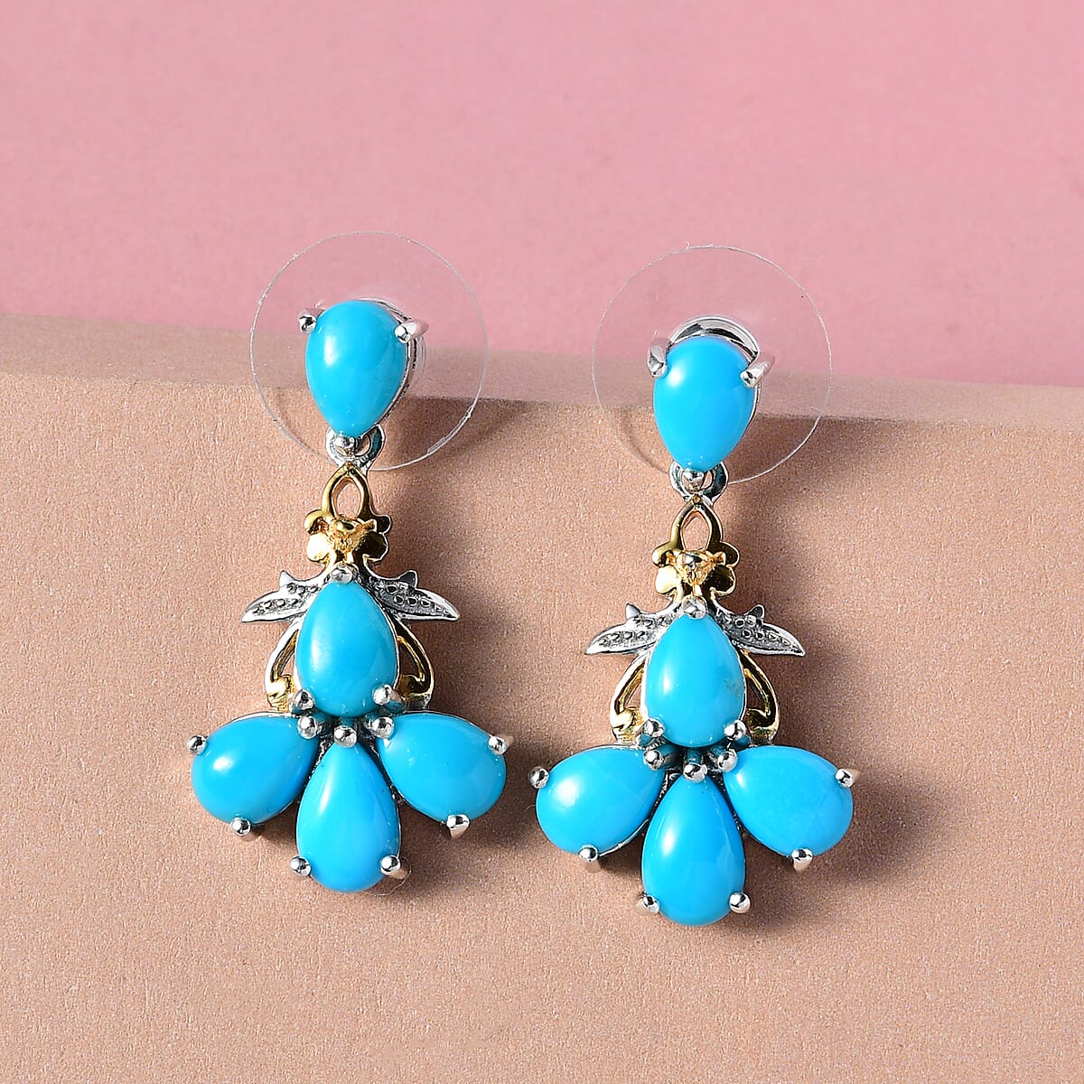 Sleeping Beauty Turquoise Dangling Earrings in Vermeil YG and Platinum Over Sterling Silver 6.50 ctw image number 1