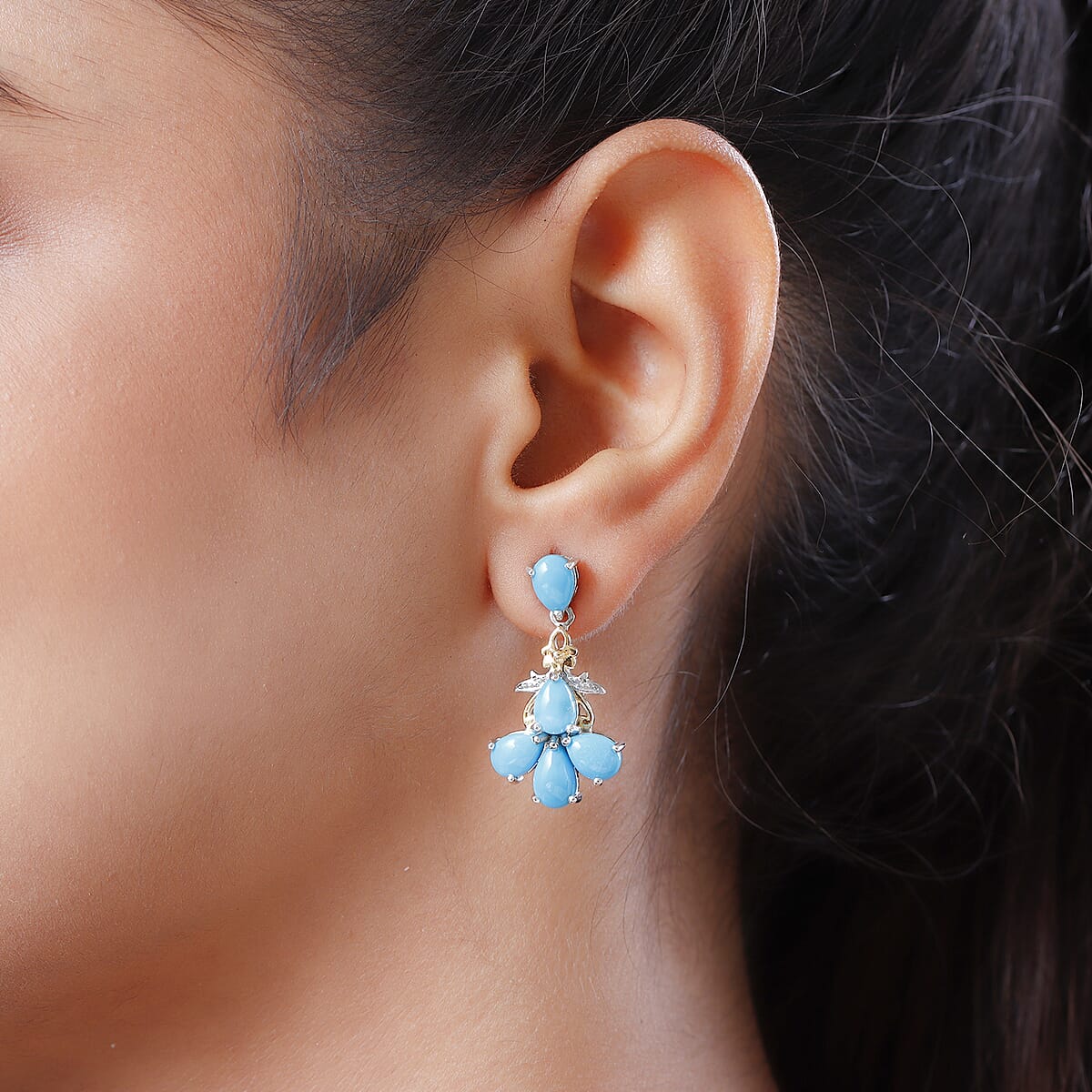 Sleeping Beauty Turquoise Dangling Earrings in Vermeil YG and Platinum Over Sterling Silver 6.50 ctw image number 2