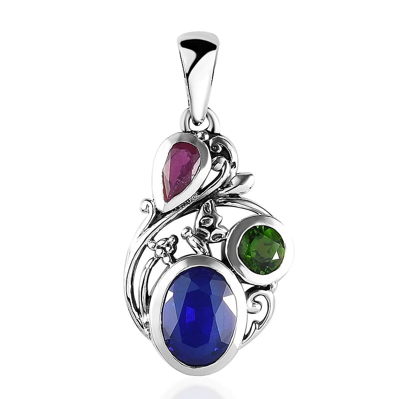 Artisan Crafted Tanzanian Blue Spinel (DF) and Multi Gemstone Fancy Pendant in Sterling Silver 2.00 ctw