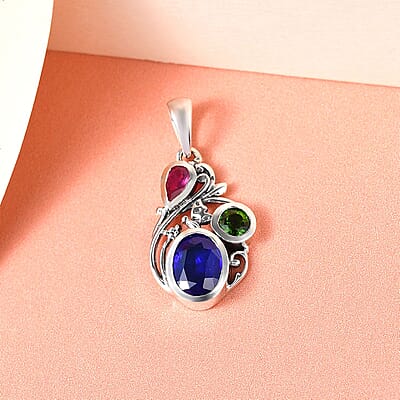 Artisan Crafted Tanzanian Blue Spinel (DF) and Multi Gemstone Fancy Pendant in Sterling Silver 2.00 ctw
