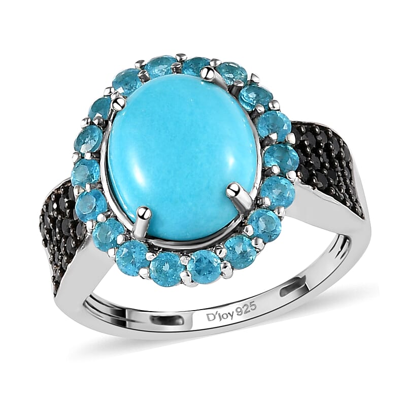 Sleeping Beauty Turquoise and Multi Gemstone Halo Ring in Rhodium & Platinum Over Sterling Silver (Size 10.0) 3.75 ctw