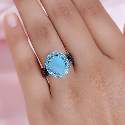 Sleeping Beauty Turquoise and Multi Gemstone Halo Ring in Rhodium & Platinum Over Sterling Silver (Size 10.0) 3.75 ctw