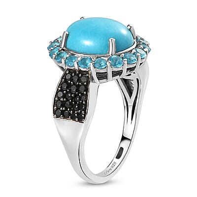 Sleeping Beauty Turquoise and Multi Gemstone Halo Ring in Rhodium & Platinum Over Sterling Silver (Size 10.0) 3.75 ctw