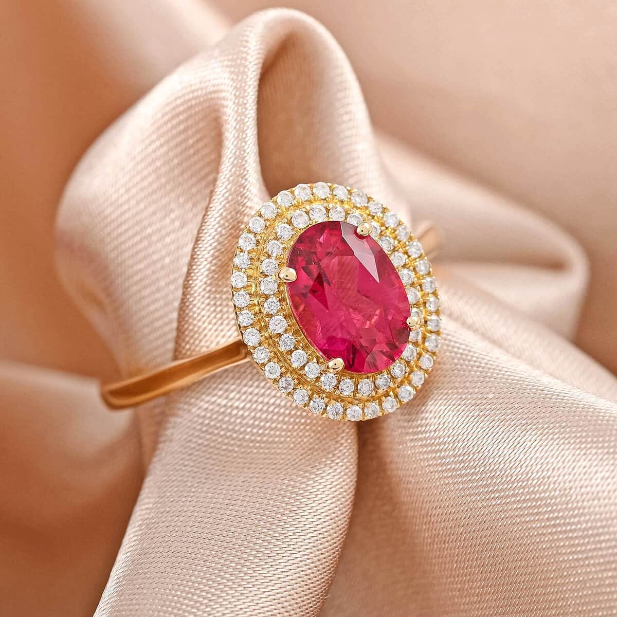 Certified & Appraised ILIANA 18K Yellow Gold AAA Ouro Fino Rubellite and G-H SI Diamond Double Halo Ring (Size 7.0) 3.52 Grams 1.60 ctw image number 1