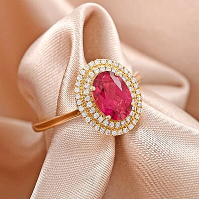 Certified & Appraised Iliana 18K Yellow Gold AAA Ouro Fino Rubellite and G-H SI Diamond Double Halo Ring (Size 7.0) 1.60 ctw
