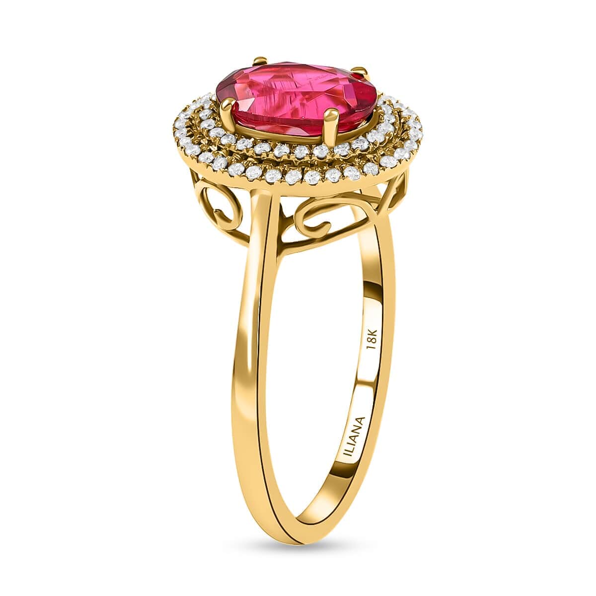 Certified & Appraised ILIANA 18K Yellow Gold AAA Ouro Fino Rubellite and G-H SI Diamond Double Halo Ring (Size 7.0) 3.52 Grams 1.60 ctw image number 3