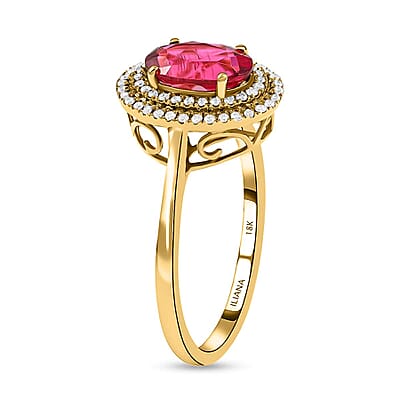 Certified & Appraised Iliana 18K Yellow Gold AAA Ouro Fino Rubellite and G-H SI Diamond Double Halo Ring (Size 7.0) 1.60 ctw