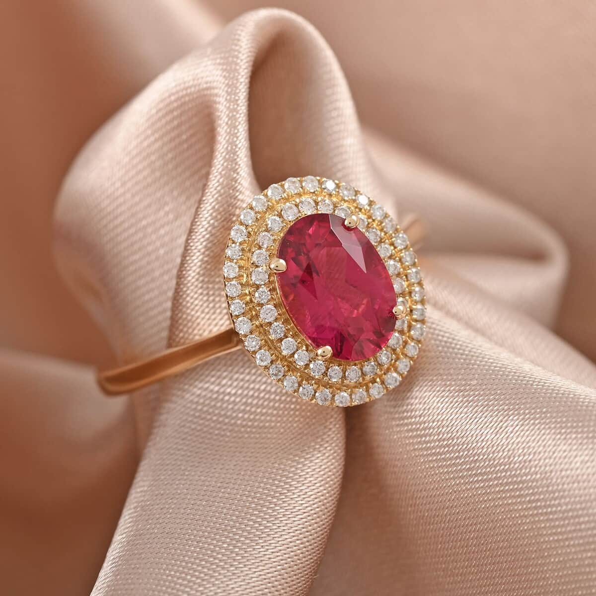 Certified & Appraised Iliana 18K Yellow Gold AAA Ouro Fino Rubellite and G-H SI Diamond Double Halo Ring (Size 8.0) 1.60 ctw image number 1