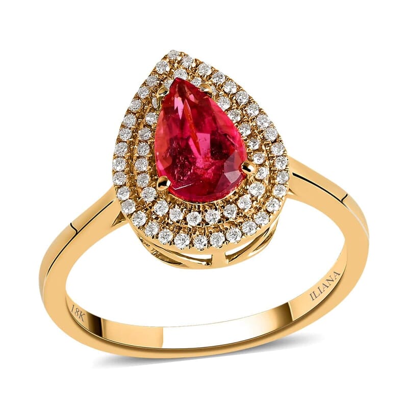 Certified & Appraised Iliana AAA Ouro Fino Rubellite and G-H SI Diamond 1.80 ctw Double Halo Ring in 18K Yellow Gold (Size 6.0)