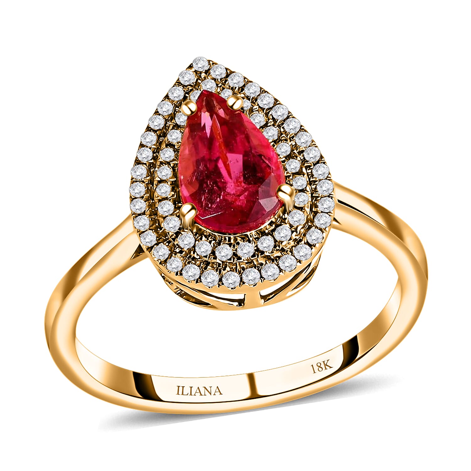 Certified & Appraised Iliana AAA Ouro Fino Rubellite and G-H SI Diamond 1.80 ctw Double Halo Ring in 18K Yellow Gold (Size 7.0)