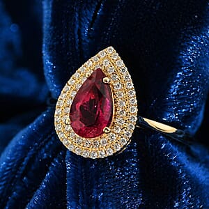 Certified & Appraised Iliana AAA Ouro Fino Rubellite and G-H SI Diamond 1.80 ctw Double Halo Ring in 18K Yellow Gold (Size 7.0)