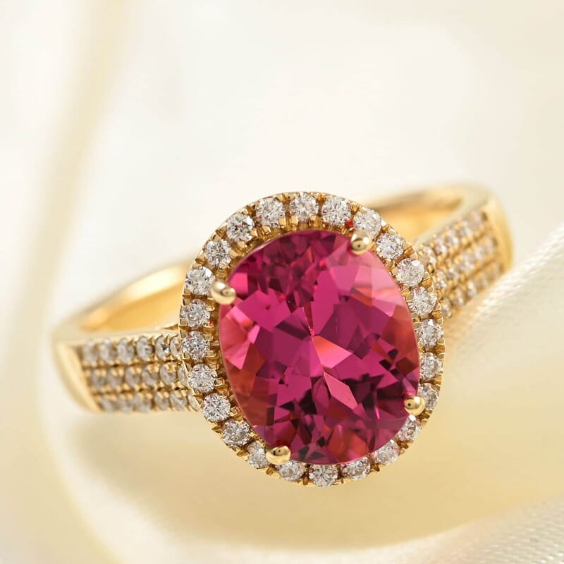 Certified & Appraised Iliana AAA Ouro Fino Rubellite and G-H SI Diamond 3.00 ctw Halo Ring in 18K Yellow Gold (Size 6.0) 4.75 Grams