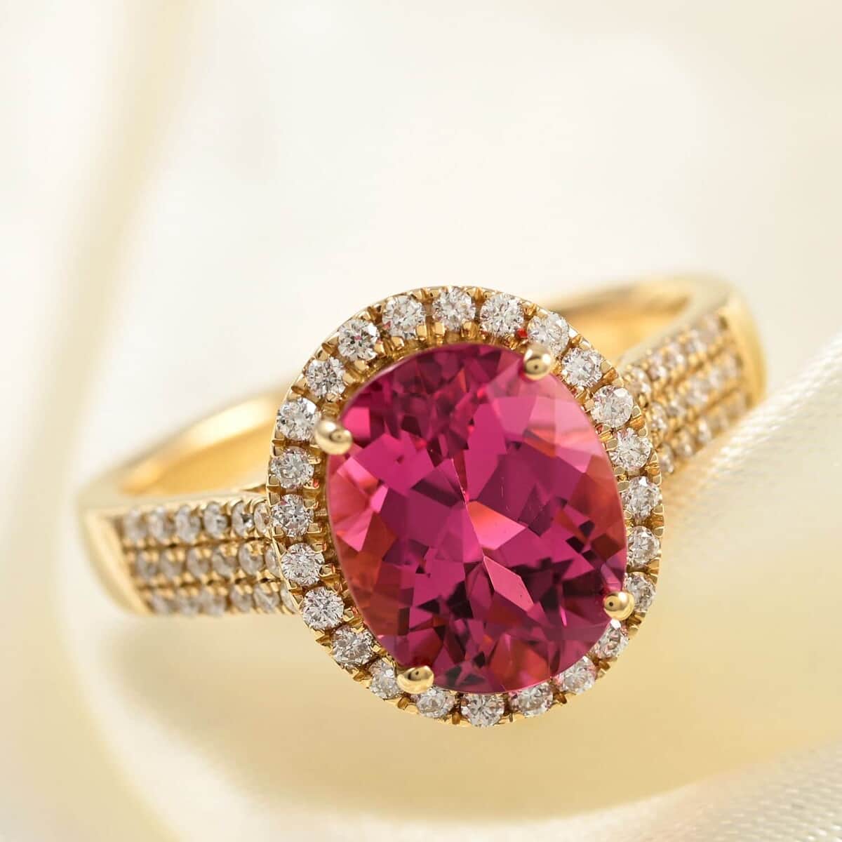Certified & Appraised Iliana 18K Yellow Gold AAA Ouro Fino Rubellite and G-H SI Diamond Halo Ring (Size 6.0) 4.75 Grams 3.00 ctw image number 1