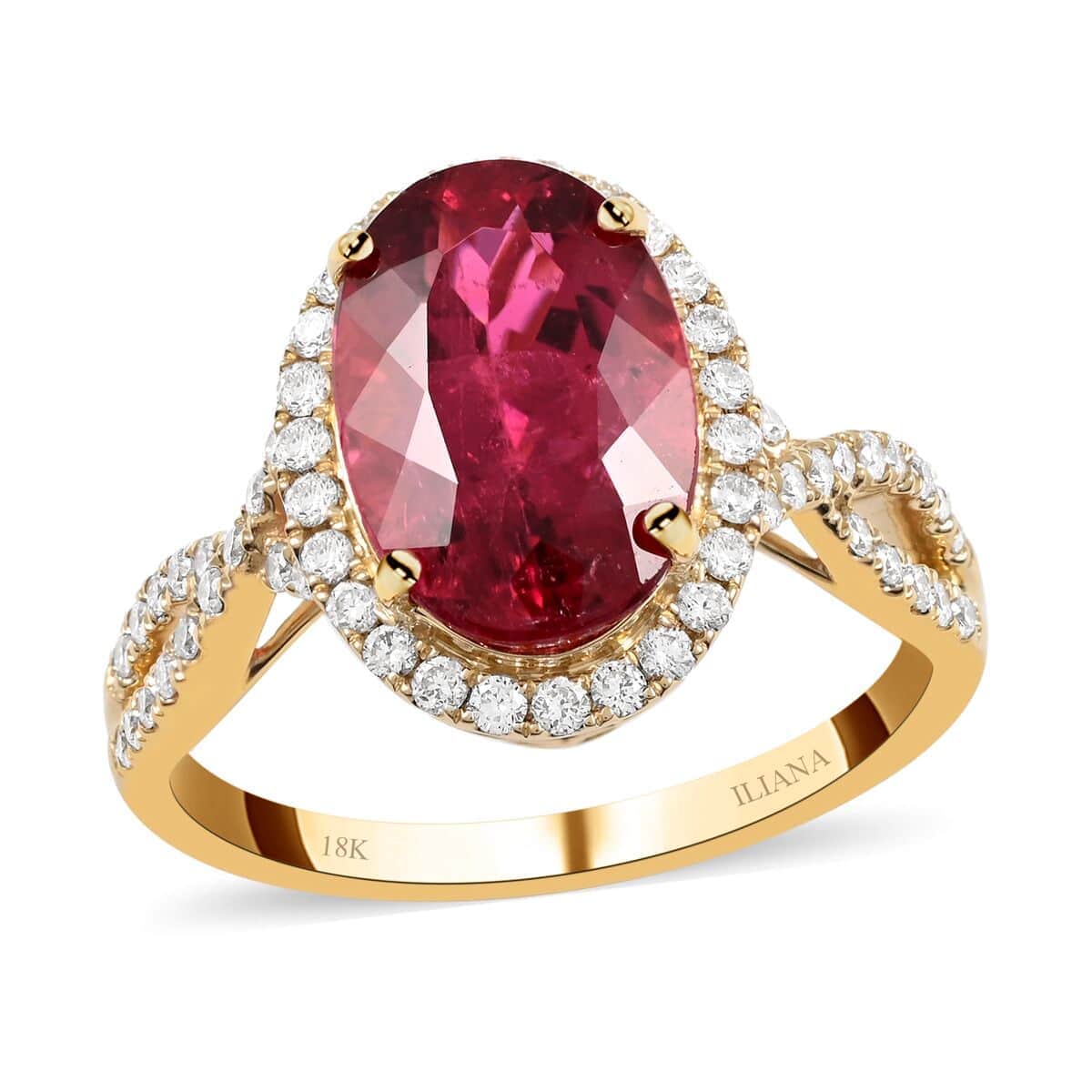 Certified & Appraised ILIANA 18K Yellow Gold AAA Ouro Fino Rubellite and G-H SI Diamond Halo Ring 3.90 Grams 4.10 ctw image number 0