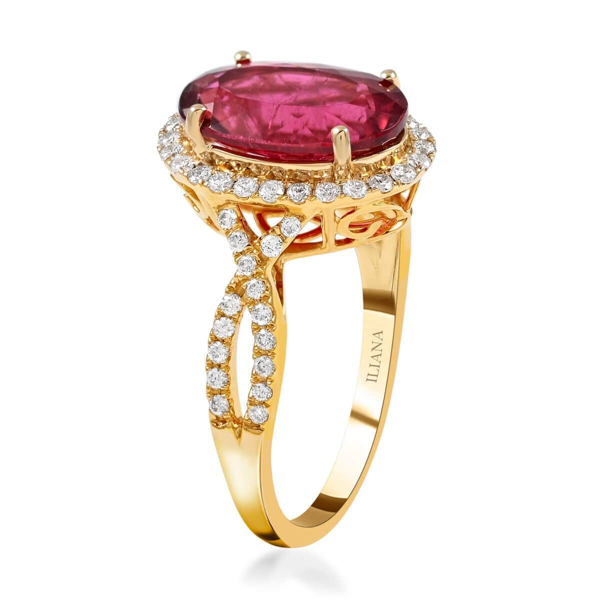 Certified & Appraised ILIANA 18K Yellow Gold AAA Ouro Fino Rubellite and G-H SI Diamond Halo Ring 3.90 Grams 4.10 ctw image number 3