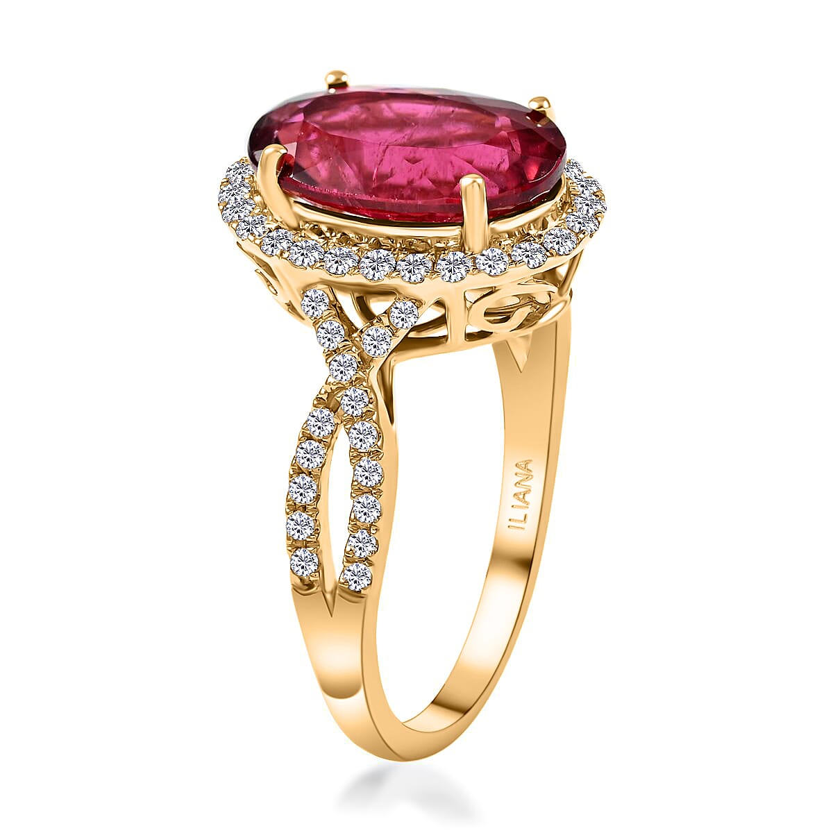Certified & Appraised Iliana 18K Yellow Gold AAA Ouro Fino Rubellite and G-H SI Diamond Halo Ring (Size 7.0) 4.10 ctw image number 3