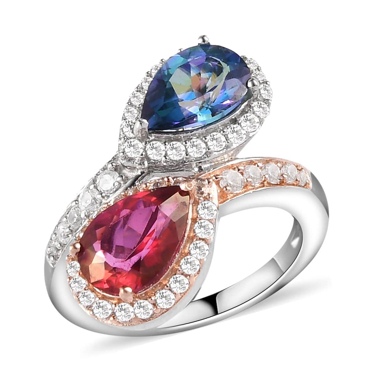 Periwinkle Bloom Petalite, Padparadscha Pink Petalite and Natural White Zircon Bypass Ring in Vermeil Yellow Gold and Platinum Over Sterling Silver 2.60 ctw image number 0