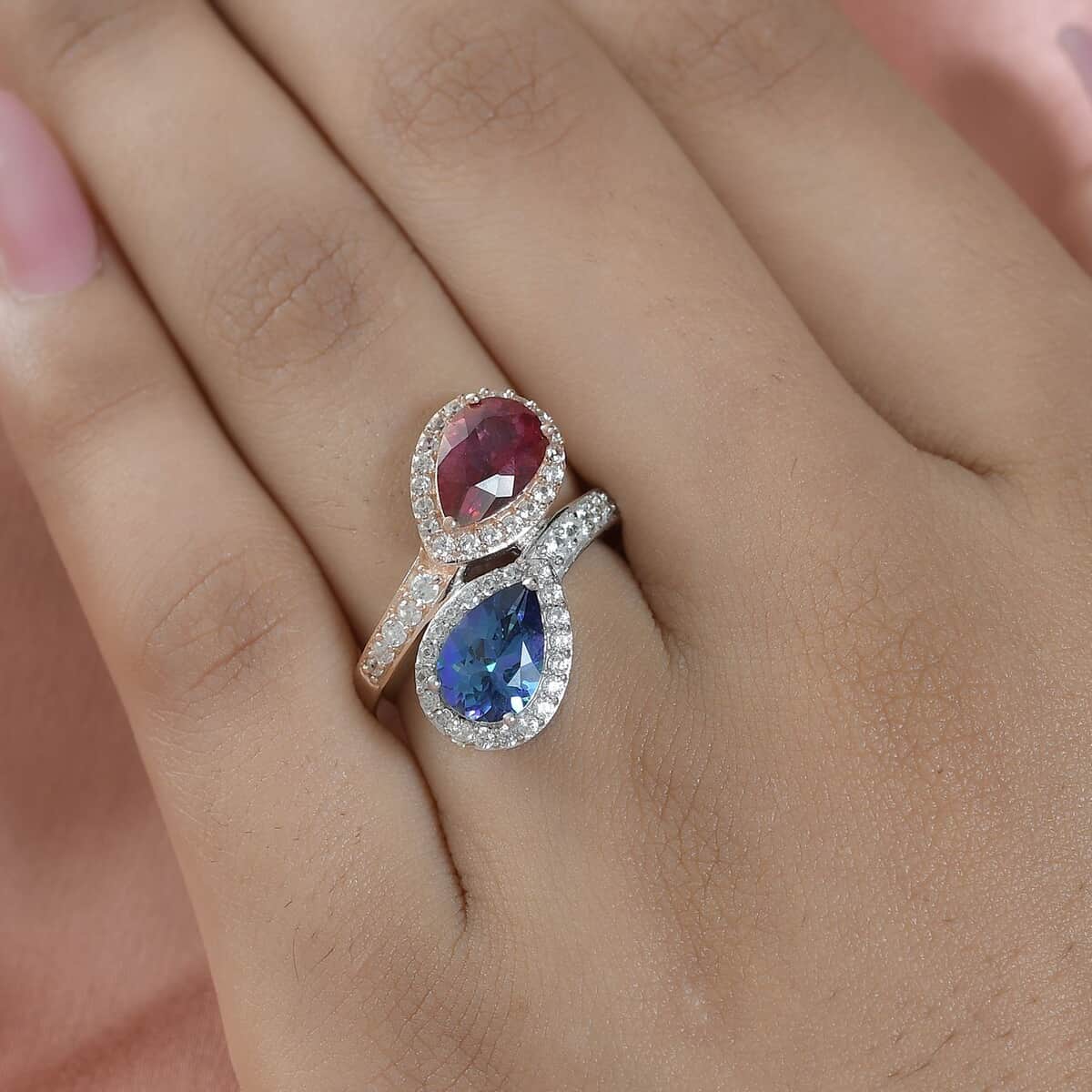 Brazilian Periwinkle Bloom Petalite, Brazilian Pink Petalite and Natural White Zircon Bypass Ring in Vermeil Yellow Gold and Platinum Over Sterling Silver (Size 10.0) 2.60 ctw image number 2